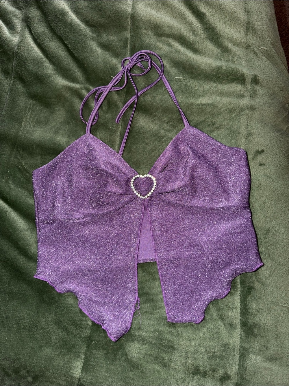 NEVER WORN Purple Sparkle Halter Crop Top with Heart Rhinestone